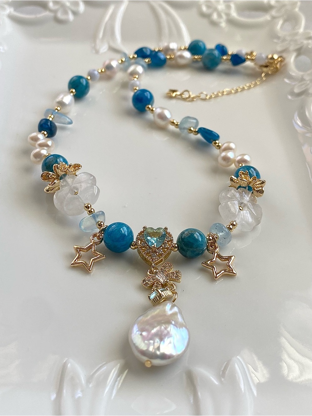 GP71-Handcrafted Apatite And freshwater Pearl Necklace - Picture 2 of 9